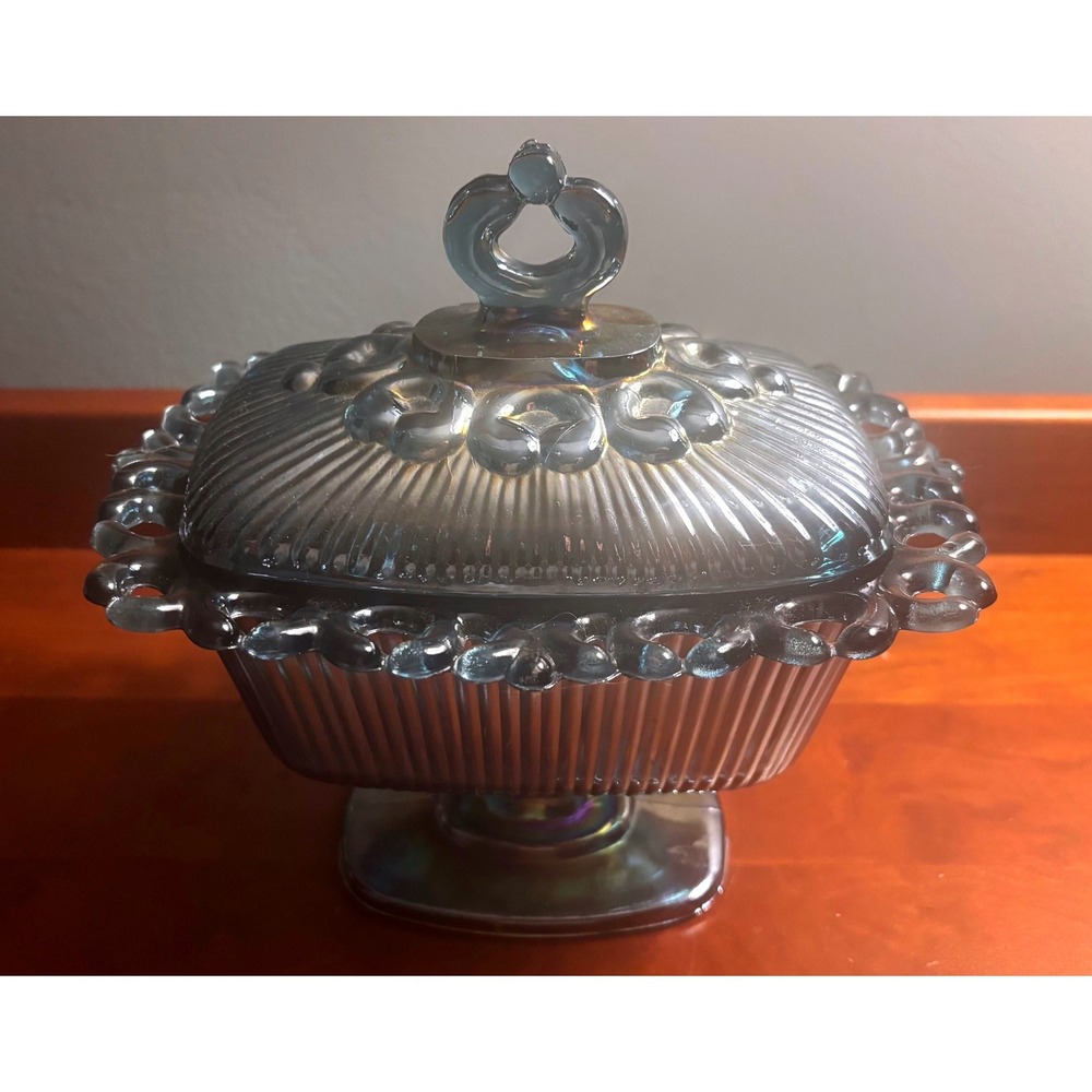 Vintage Blue Carnival Glass Candy Dish Lidded Lace Edge Footed Iridescent Bowl